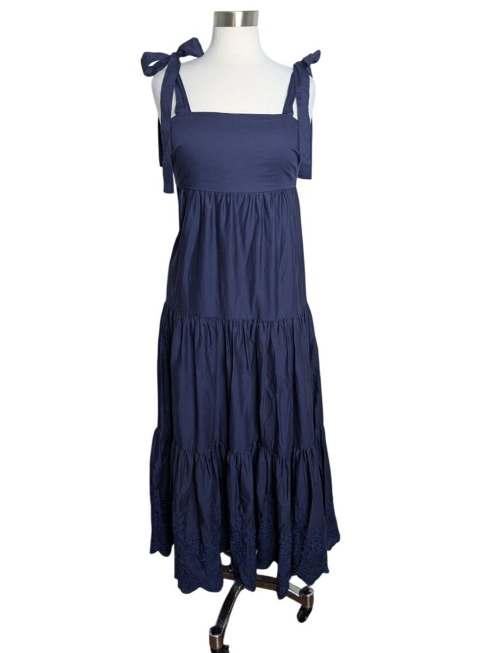 Jason Wu Tiered Embroidered Eyelet Maxi Dress Navy Shoulder Bow Ties Size S - Picture 11 of 14